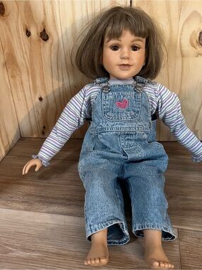 Vintage 1996 My Twinn 23" Doll Brown Hair Eyes Denim Overalls Stripe Shirt Outfi